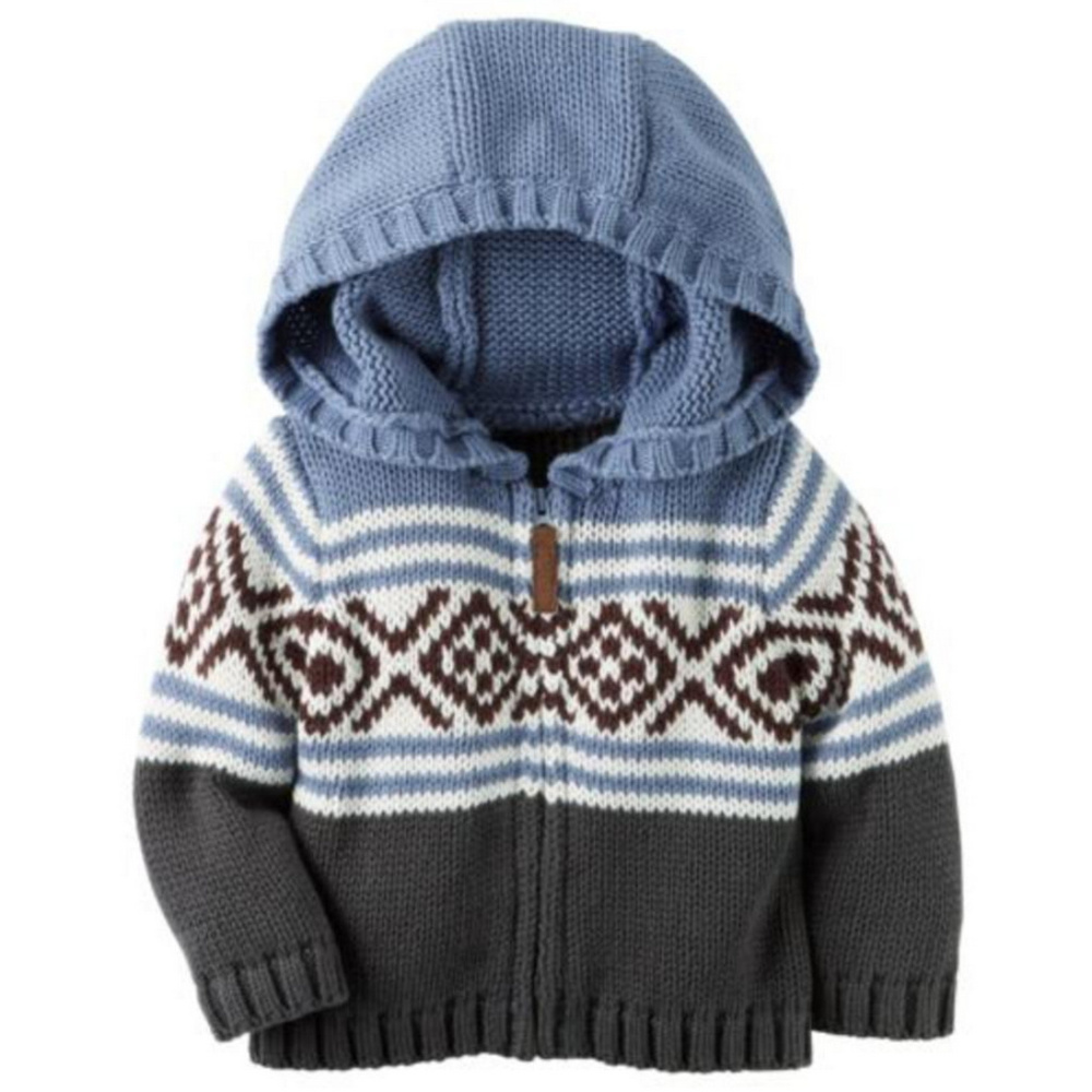 Carter’s 6 Months Baby Boy Hooded Zip Sweater Cardigan Knit Blue NWT Fair Isle